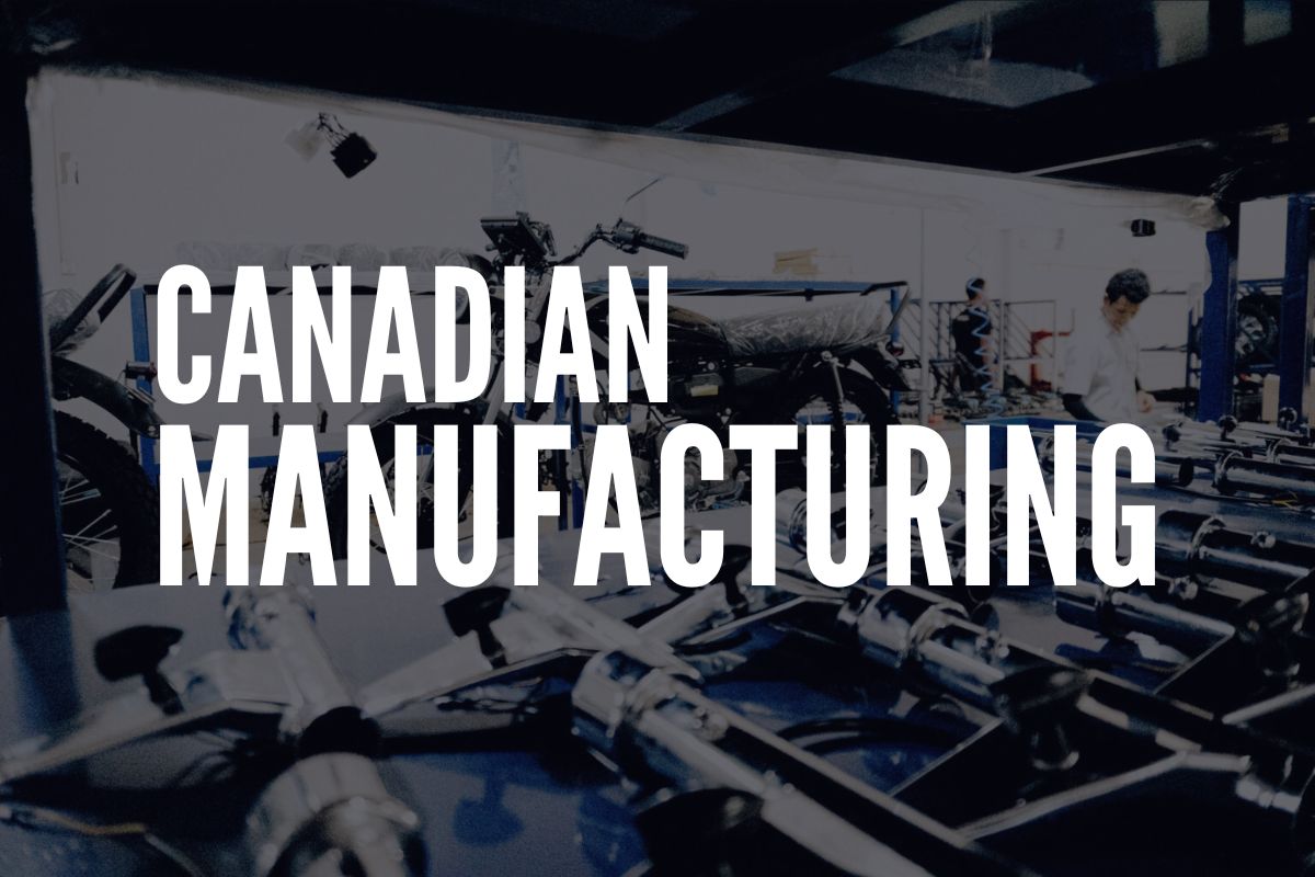 Canadian Manufacturing logo displayed in front of tools and a motorcycle being assembled.