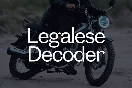 The Legalese Decoder logo displayed in front of a person riding an Ori Calypso motorcycle.